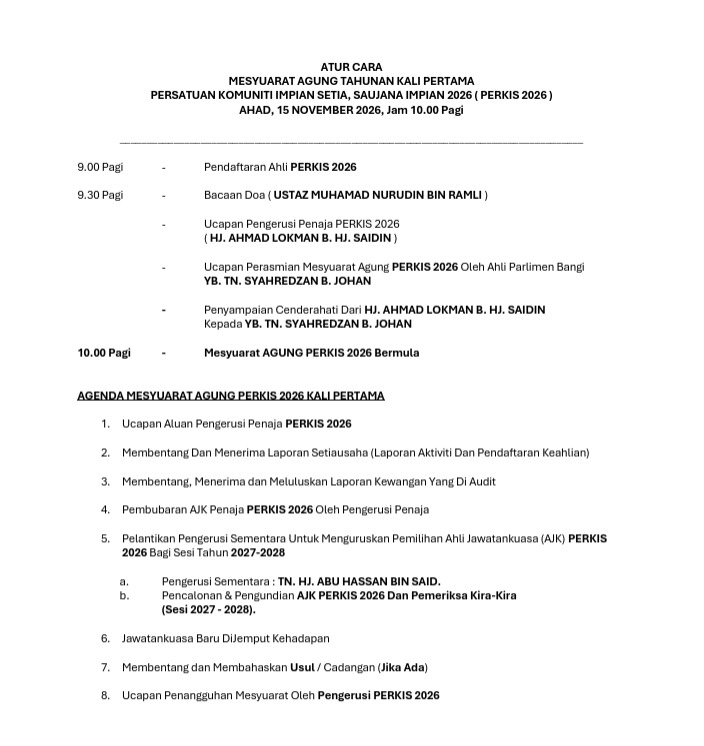 NOTIS MESYUARAT AGUNG TAHUNAN PERSATUAN KOMUNITI IMPIAN SETIA SAUJANA IMPIAN 2026 (PEMILIHAN AJK SESI 2027-2028)